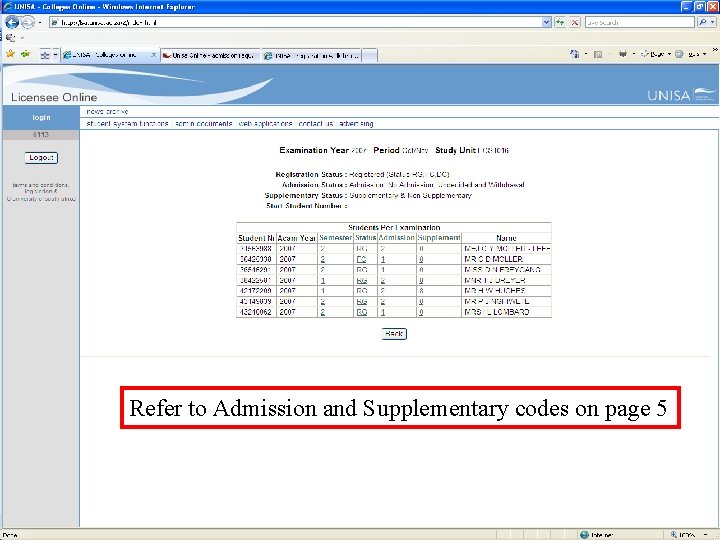 Refer to Admission and Supplementary codes on page 5 