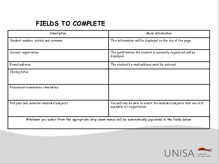 FIELDS TO COMPLETE Description More information Student number, initials and surname This information will