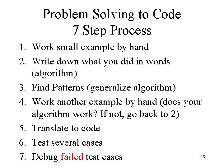 Problem Solving to Code 7 Step Process 1. Work small example by hand 2.