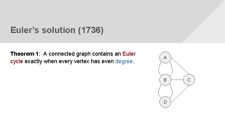 Euler’s solution (1736) Theorem 1: A connected graph contains an Euler cycle exactly when