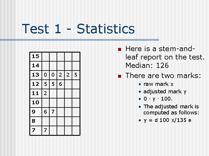 Test 1 - Statistics n 15 14 13 0 0 2 2 5 12