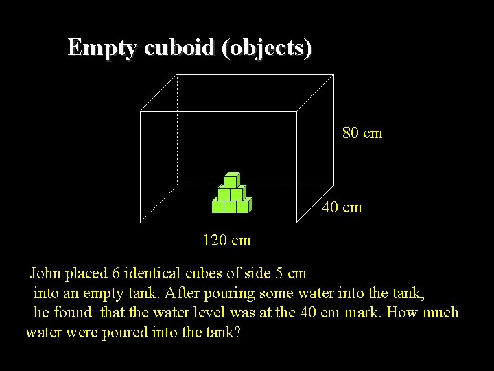 Empty cuboid (objects) 80 cm 40 cm 120 cm John placed 6 identical cubes