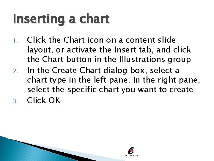 Inserting a chart 1. 2. 3. Click the Chart icon on a content slide