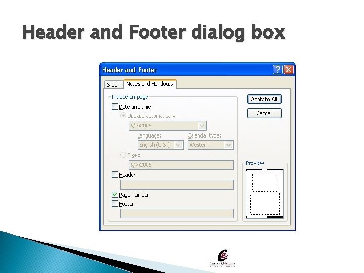 Header and Footer dialog box 