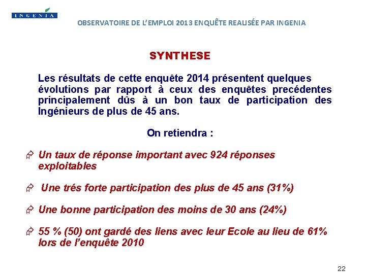 OBSERVATOIRE DE L’EMPLOI 2013 ENQUÊTE REALISÉE PAR INGENIA SYNTHESE Les résultats de cette enquête