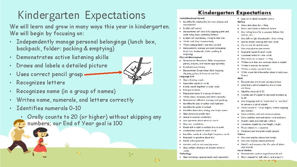 Kindergarten Expectations We will learn and grow in many ways this year in kindergarten.
