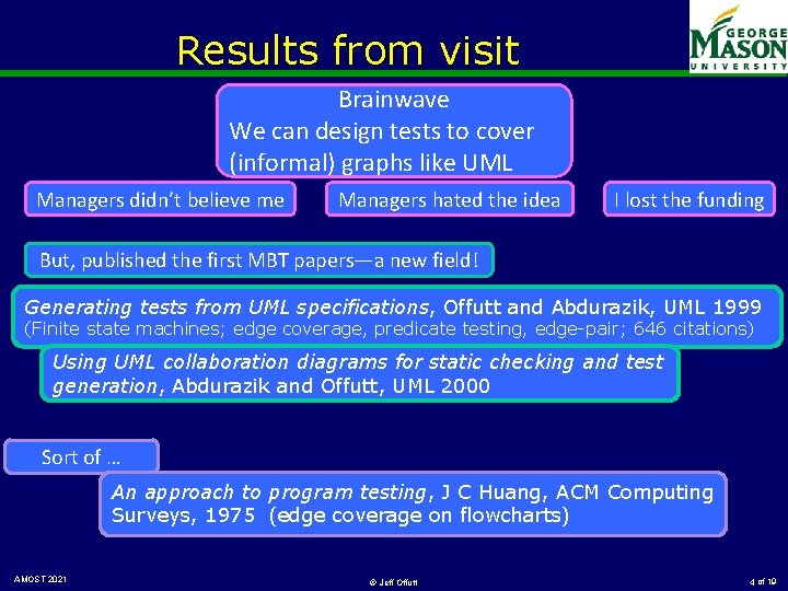 Results from visit Brainwave We can design tests to cover (informal) graphs like UML