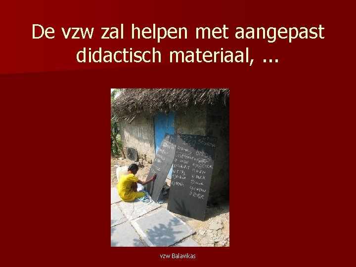 De vzw zal helpen met aangepast didactisch materiaal, . . . vzw Balavikas 