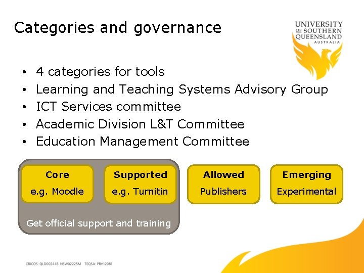 Categories and governance • • • 4 categories for tools Learning and Teaching Systems