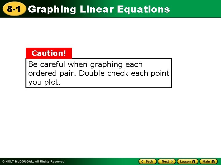 8 -1 Graphing Linear Equations Caution! Be careful when graphing each ordered pair. Double