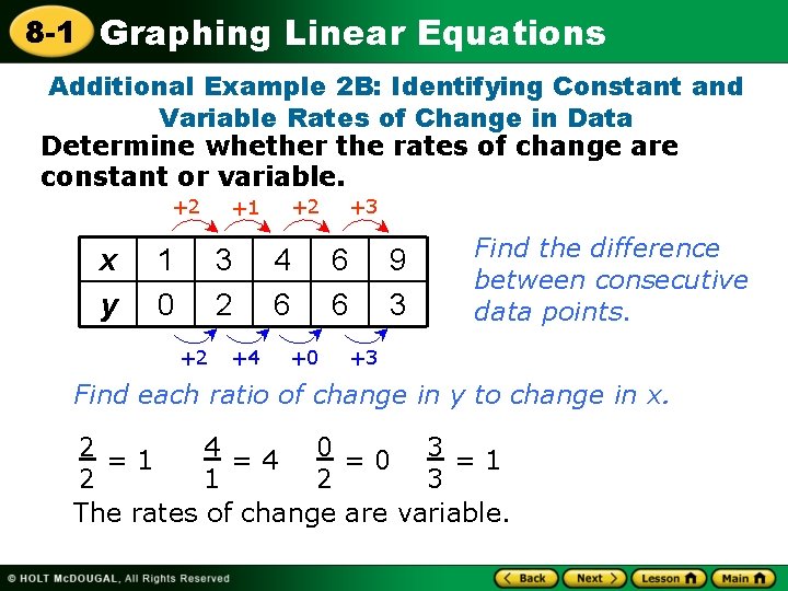 8 -1 Graphing Linear Equations Additional Example 2 B: Identifying Constant and Variable Rates