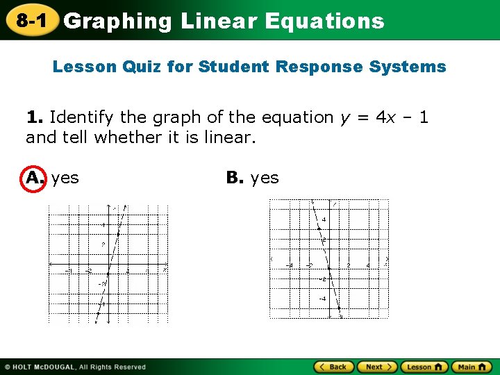 8 -1 Graphing Linear Equations Lesson Quiz for Student Response Systems 1. Identify the