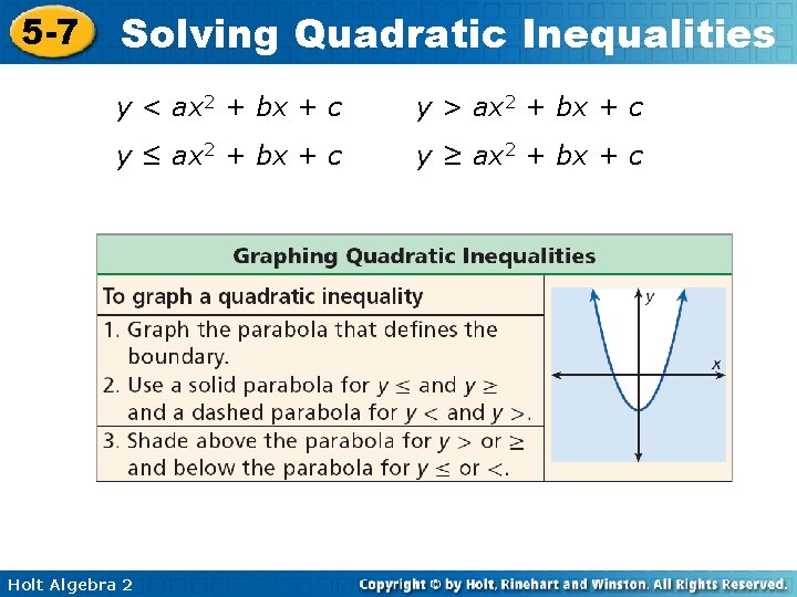 5 -7 Solving Quadratic Inequalities y < ax 2 + bx + c y