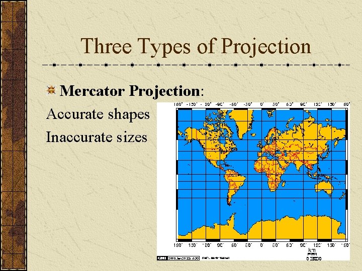Three Types of Projection Mercator Projection: Accurate shapes Inaccurate sizes 