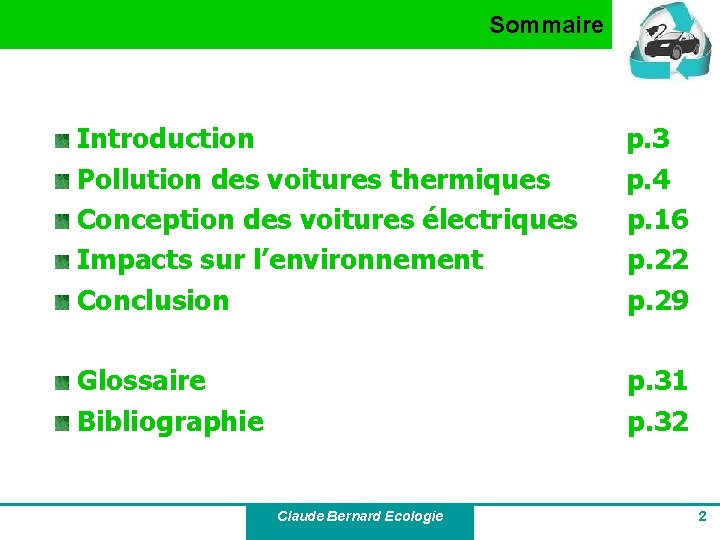 Sommaire Introduction Pollution des voitures thermiques Conception des voitures électriques Impacts sur l’environnement Conclusion