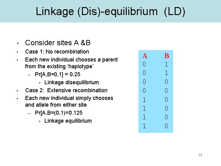 Linkage (Dis)-equilibrium (LD) • • • Consider sites A &B Case 1: No recombination