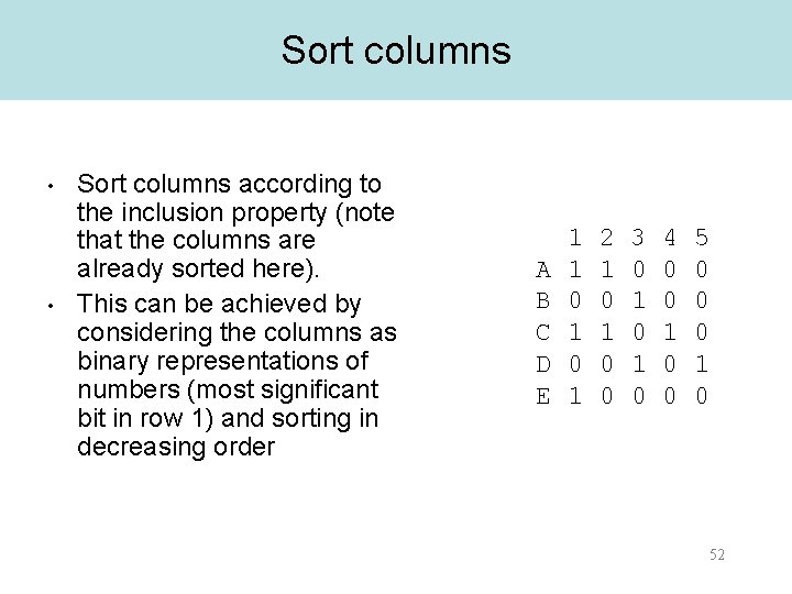 Sort columns • • Sort columns according to the inclusion property (note that the