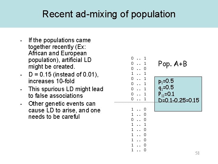 Recent ad-mixing of population • • If the populations came together recently (Ex: African