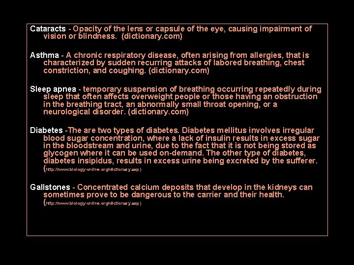 Cataracts - Opacity of the lens or capsule of the eye, causing impairment of