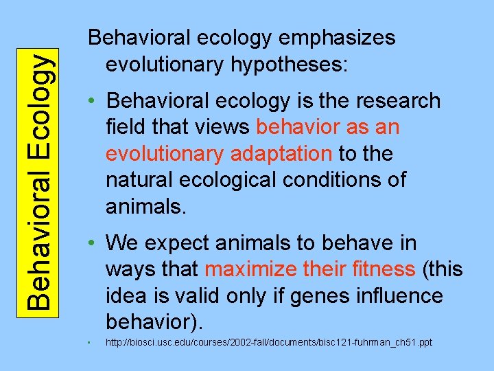 Behavioral Ecology Behavioral ecology emphasizes evolutionary hypotheses: • Behavioral ecology is the research field
