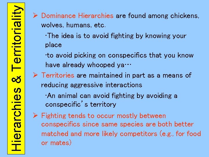 Hierarchies & Territoriality Ø Dominance Hierarchies are found among chickens, wolves, humans, etc. •