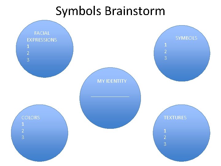 Symbols Brainstorm FACIAL EXPRESSIONS 1 2 3 SYMBOLS MY IDENTITY _______ COLORS 1 2
