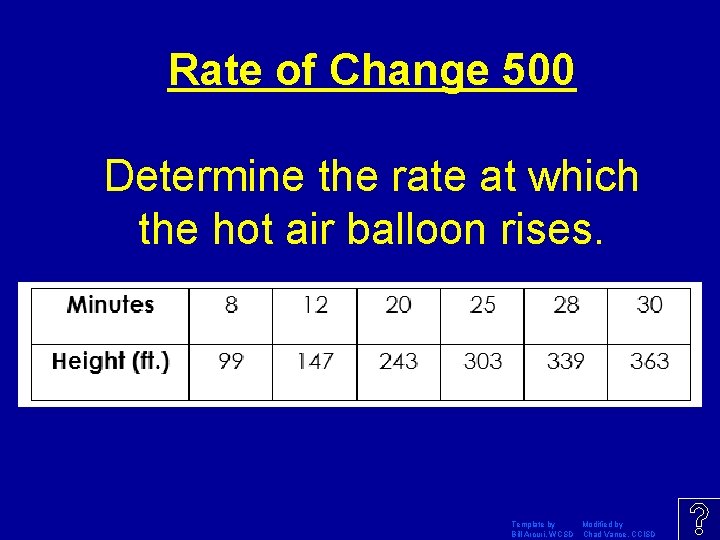 Rate of Change 500 Determine the rate at which the hot air balloon rises.