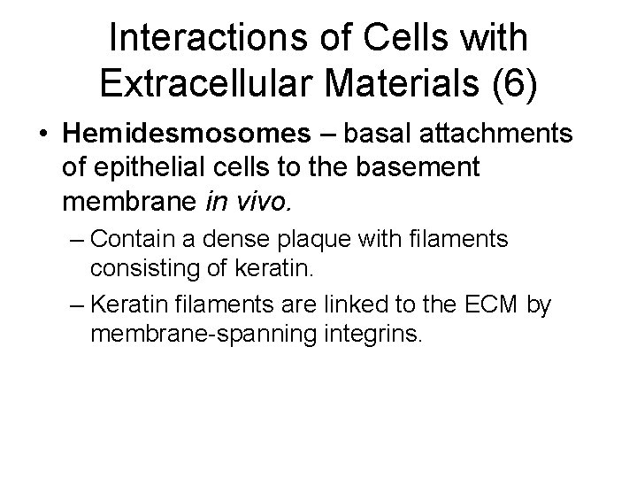 Interactions of Cells with Extracellular Materials (6) • Hemidesmosomes – basal attachments of epithelial