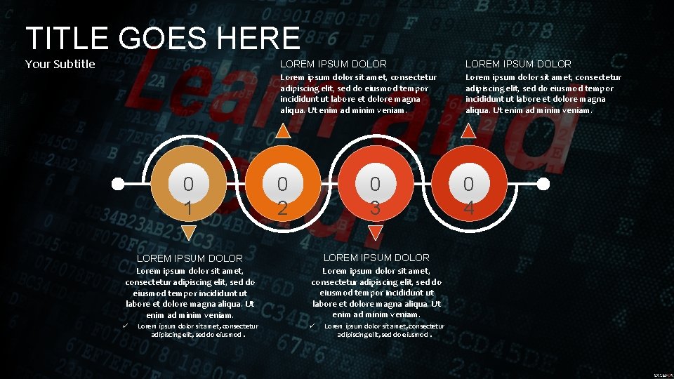 TITLE GOES HERE Your Subtitle 0 1 LOREM IPSUM DOLOR Lorem ipsum dolor sit