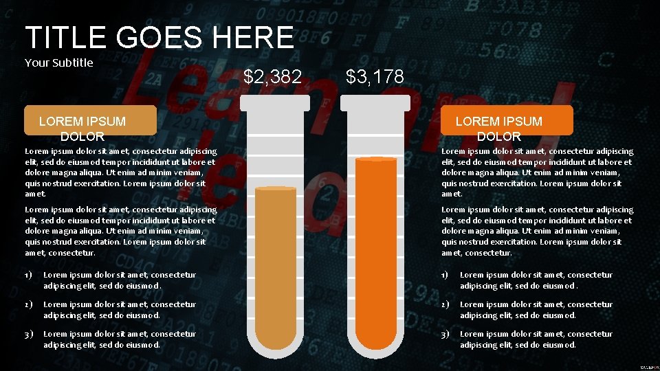 TITLE GOES HERE Your Subtitle $2, 382 $3, 178 LOREM IPSUM DOLOR Lorem ipsum