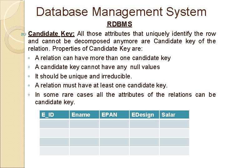 Database Management System RDBMS Candidate Key: All those attributes that uniquely identify the row Database Management System RDBMS Candidate Key: All those attributes that uniquely identify the row