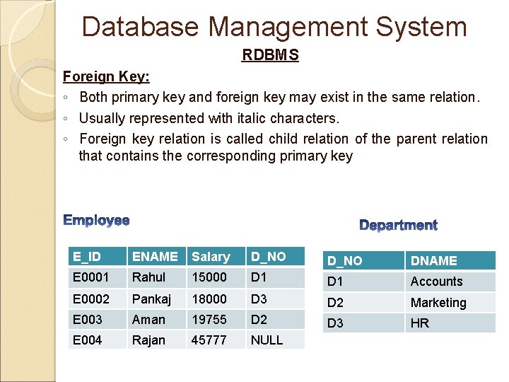 Database Management System RDBMS Foreign Key: ◦ Both primary key and foreign key may Database Management System RDBMS Foreign Key: ◦ Both primary key and foreign key may