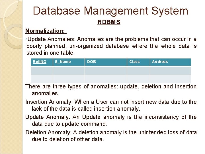 Database Management System RDBMS Normalization: ◦Update Anomalies: Anomalies are the problems that can occur Database Management System RDBMS Normalization: ◦Update Anomalies: Anomalies are the problems that can occur