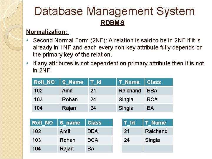 Database Management System RDBMS Normalization: • Second Normal Form (2 NF): A relation is Database Management System RDBMS Normalization: • Second Normal Form (2 NF): A relation is