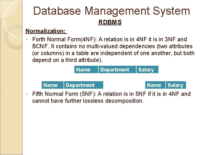 Database Management System RDBMS Normalization: ◦ Forth Normal Form(4 NF): A relation is in Database Management System RDBMS Normalization: ◦ Forth Normal Form(4 NF): A relation is in