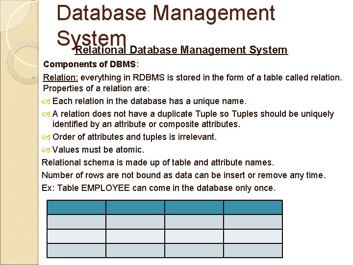Database Management System Relational Database Management System Components of DBMS: ◦ Relation: everything in Database Management System Relational Database Management System Components of DBMS: ◦ Relation: everything in