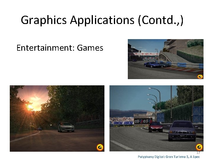 Graphics Applications (Contd. , ) Entertainment: Games GT Racer 3 17 Polyphony Digital: Gran Graphics Applications (Contd. , ) Entertainment: Games GT Racer 3 17 Polyphony Digital: Gran