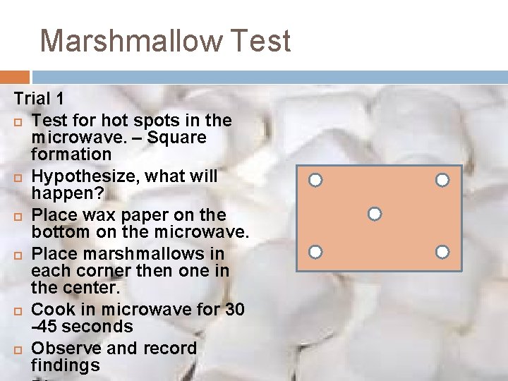 Marshmallow Test Trial 1 Test for hot spots in the microwave. – Square formation