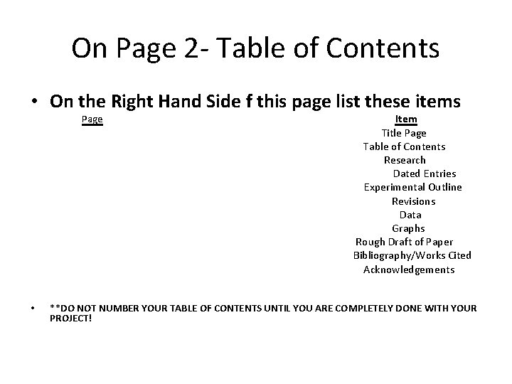 On Page 2 - Table of Contents • On the Right Hand Side f