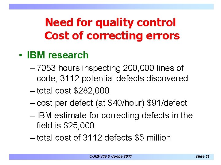 Need for quality control Cost of correcting errors • IBM research – 7053 hours Need for quality control Cost of correcting errors • IBM research – 7053 hours