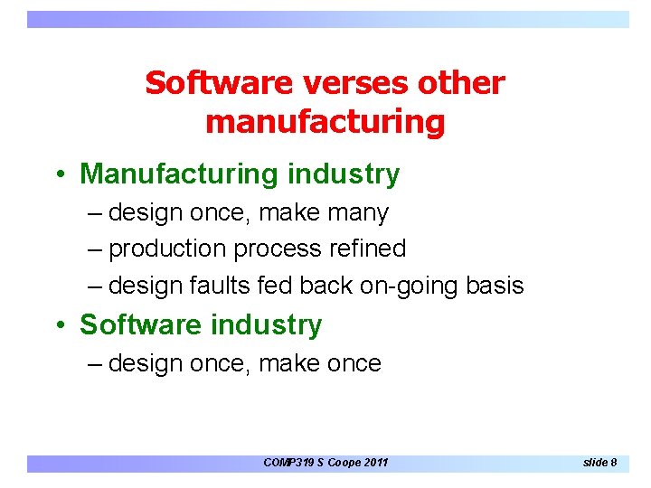 Software verses other manufacturing • Manufacturing industry – design once, make many – production Software verses other manufacturing • Manufacturing industry – design once, make many – production