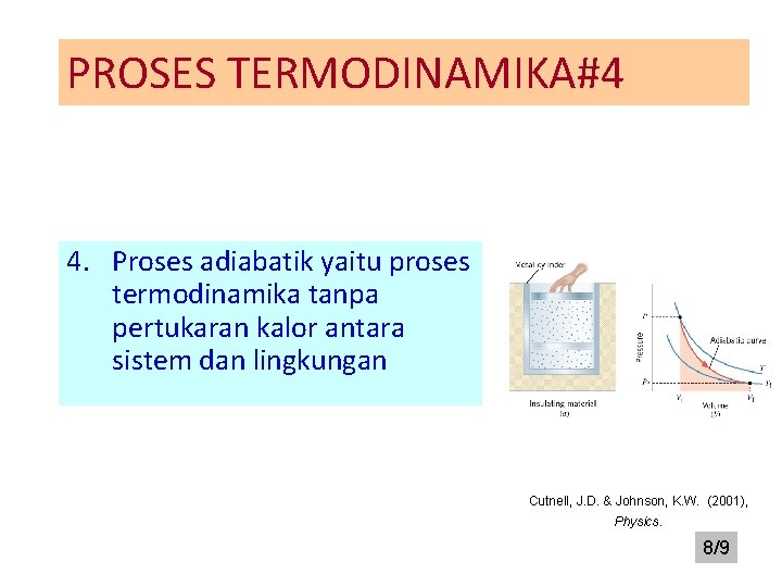 PROSES TERMODINAMIKA#4 4. Proses adiabatik yaitu proses termodinamika tanpa pertukaran kalor antara sistem dan