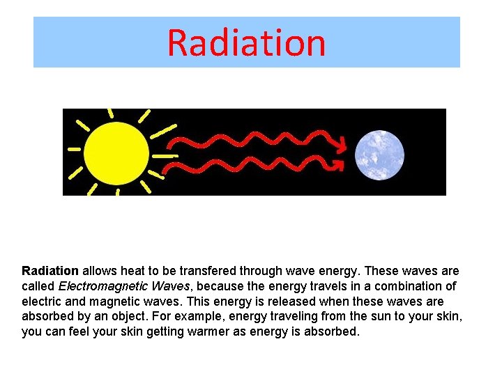 Radiation allows heat to be transfered through wave energy. These waves are called Electromagnetic