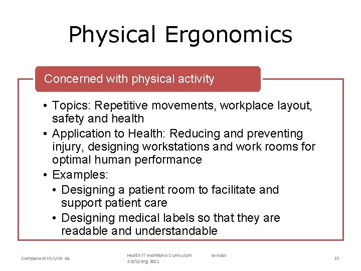 Physical Ergonomics Concerned with physical activity • Topics: Repetitive movements, workplace layout, safety and