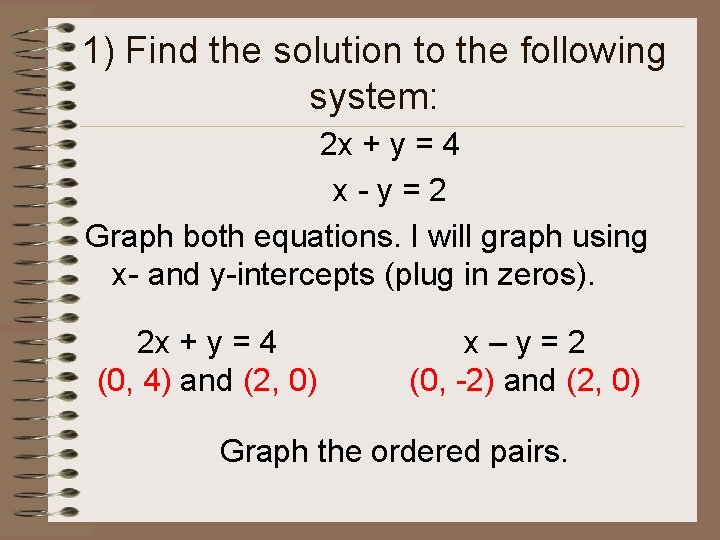 1) Find the solution to the following system: 2 x + y = 4