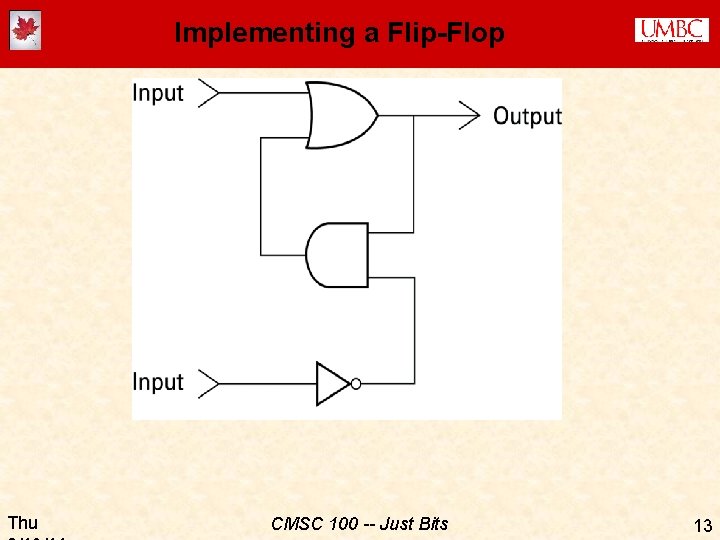 Implementing a Flip-Flop Thu CMSC 100 -- Just Bits 13 