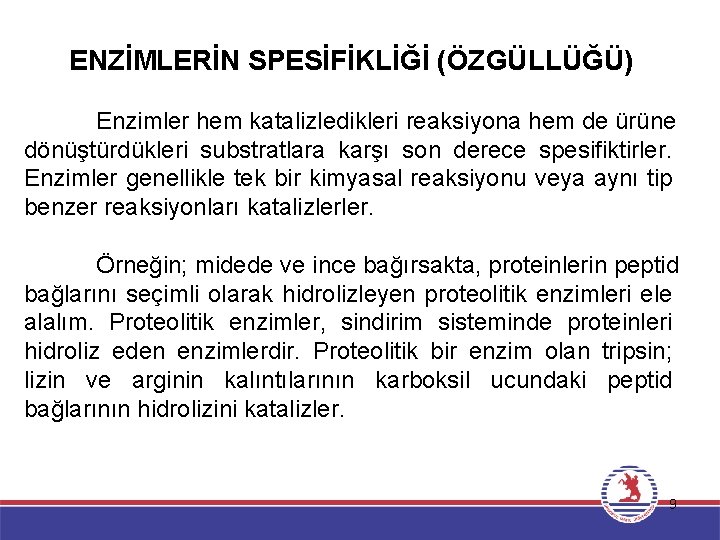 ENZİMLERİN SPESİFİKLİĞİ (ÖZGÜLLÜĞÜ) Enzimler hem katalizledikleri reaksiyona hem de ürüne dönüştürdükleri substratlara karşı son