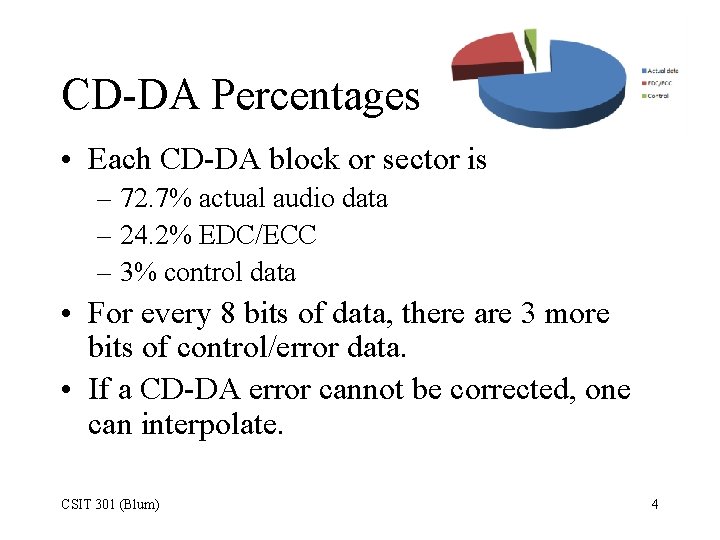 CD-DA Percentages • Each CD-DA block or sector is – 72. 7% actual audio