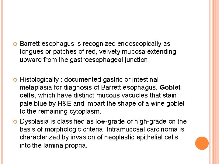  Barrett esophagus is recognized endoscopically as tongues or patches of red, velvety mucosa