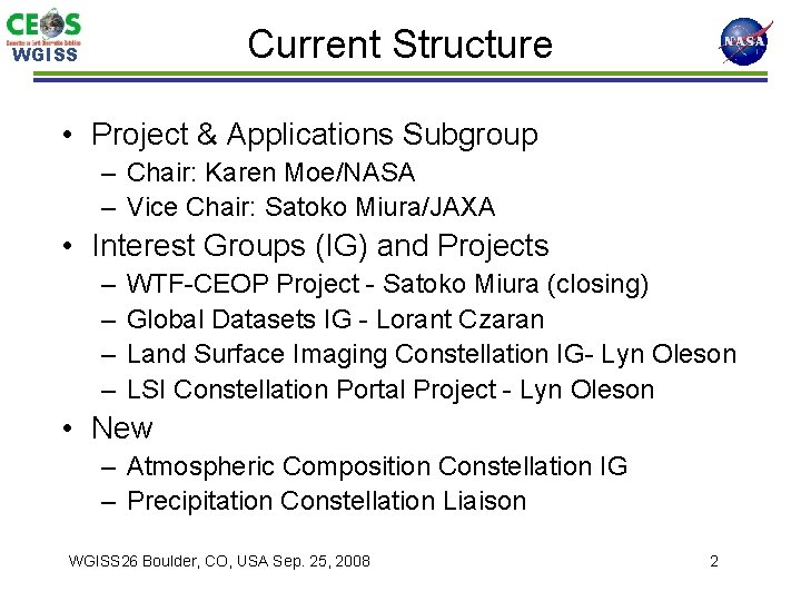 Current Structure WGISS • Project & Applications Subgroup – Chair: Karen Moe/NASA – Vice